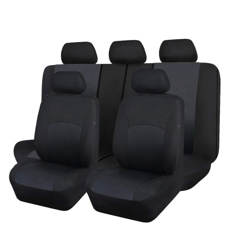 Flying Banner Car Seat Covers Set Front Seats and Rear Bench Polyester Cover Embossed Fabric Block Pattern Black - Image 1